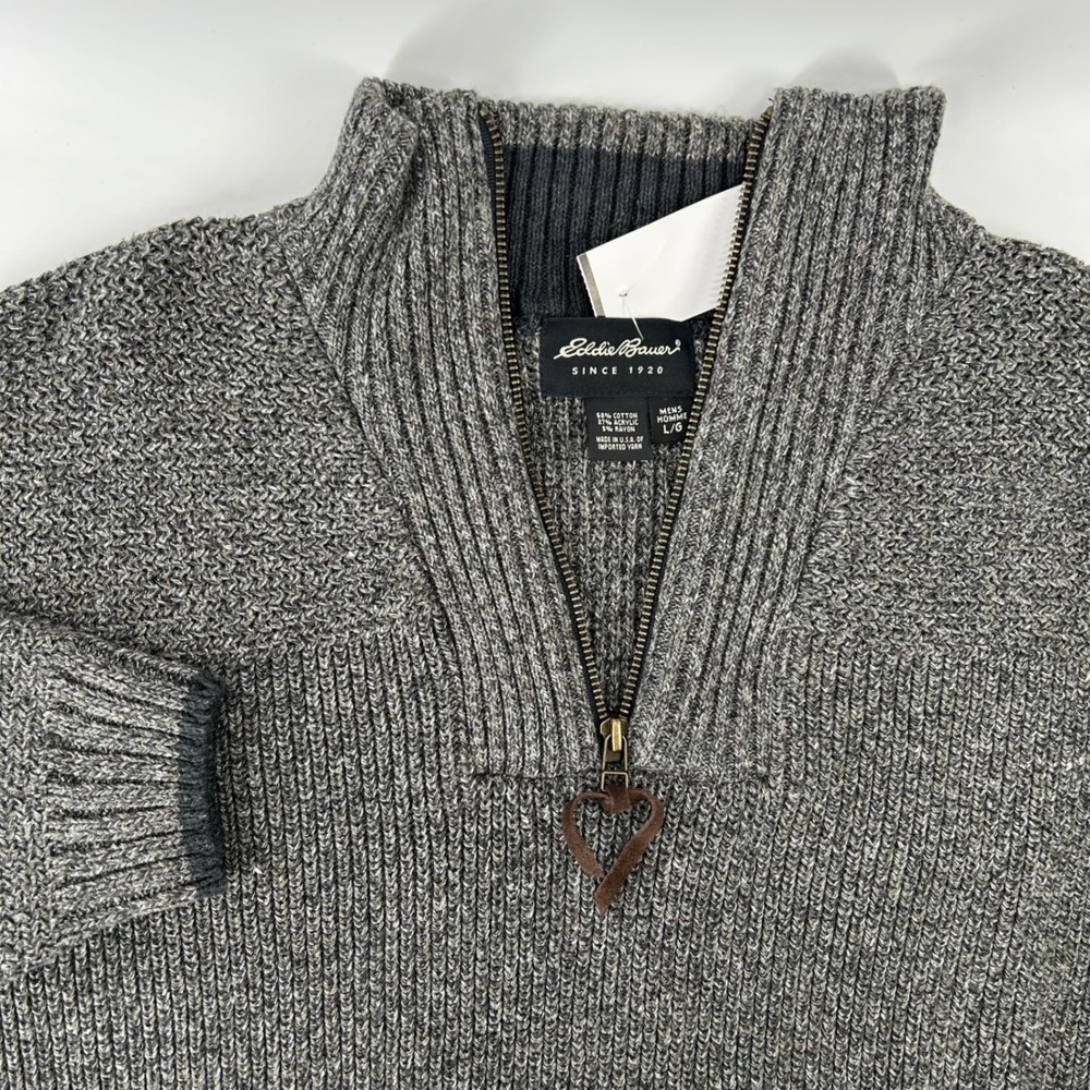 Eddie Bauer Quarter Zip Sweater Mens Large Grey Cotton Blend Shaker Pullover